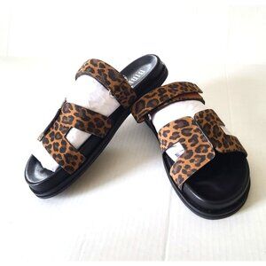 BIBI LOU Mindy Flat Leather Sandal Leopard Print Slides Sz 41 US 10 Brown NIB